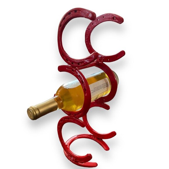 None Other - Horse shoe Wine Bottle Rack Hand Made Free Standing Red Horseshoes Country Farm